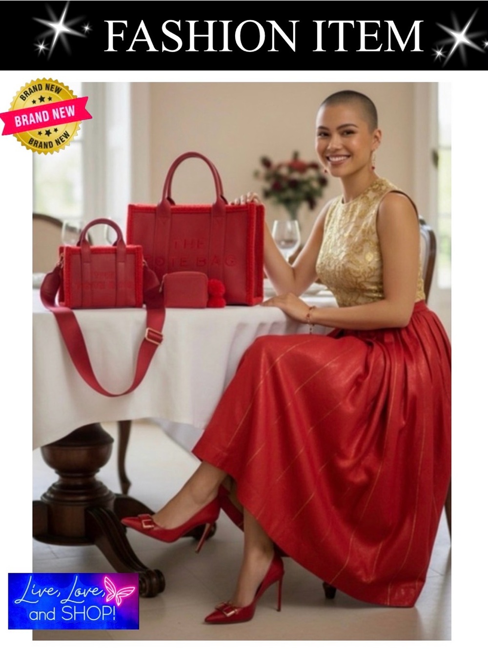 PURSE: 3 Piece Red Pleather w/Fluff Trim Set: 2 Handbags & 1 Wallet, NWOT